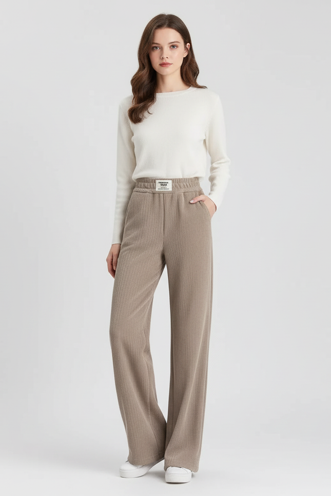 Pantalon Beige Côtelé Ample Taille Haute Confortable - Cordé