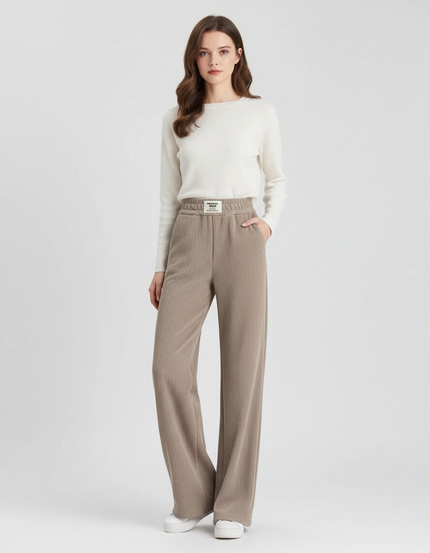 Pantalon Beige Côtelé Ample Taille Haute Confortable - Cordé