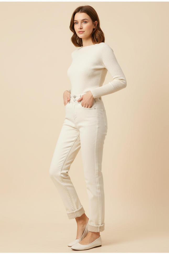Pantalon Beige Velours Épais Taille Haute Slim