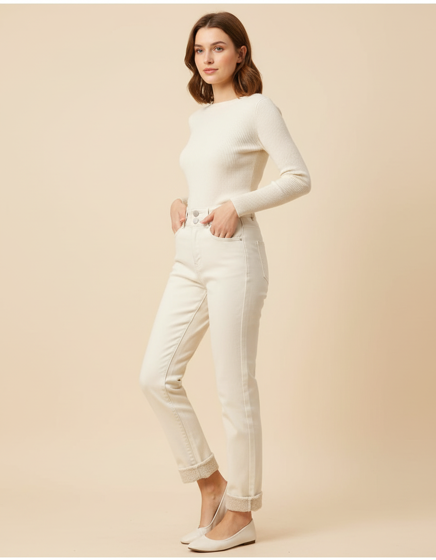 Pantalon Beige Velours Épais Taille Haute Slim