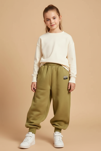 Pantalon Beige Ample Molletonné Chaud Enfant Fille - Kaki