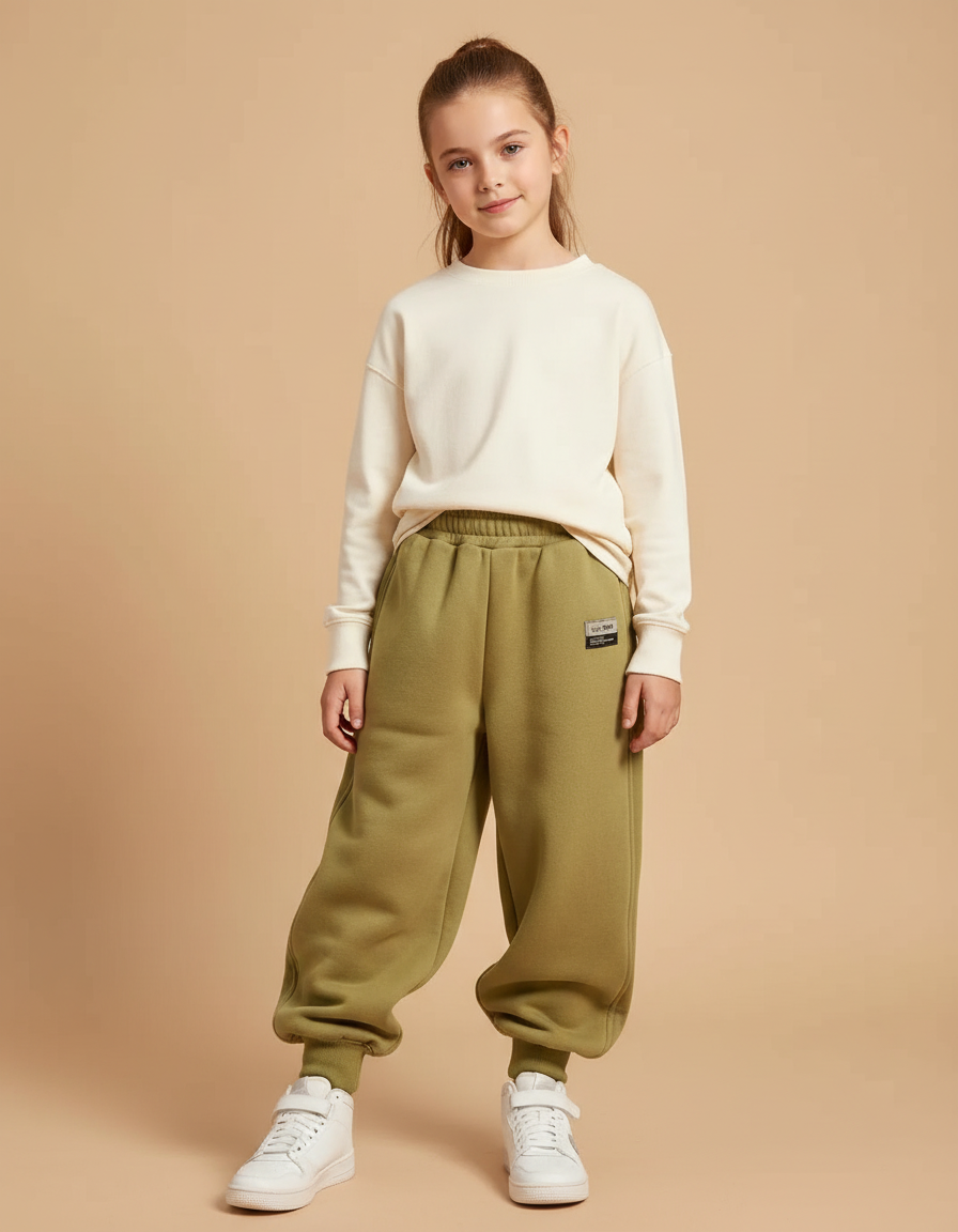 Pantalon Beige Ample Molletonné Chaud Enfant Fille - Kaki