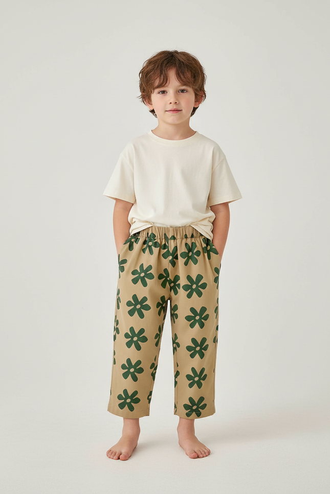 Pantalon Beige Ample Coton Imprimé Floral Enfant Décontracté