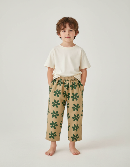 Pantalon Beige Ample Coton Imprimé Floral Enfant Décontracté