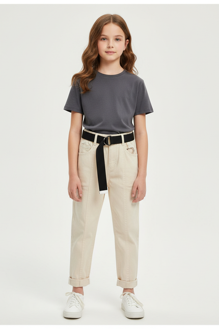 Pantalon Beige Coton Ceinture Noire Confortable Enfant