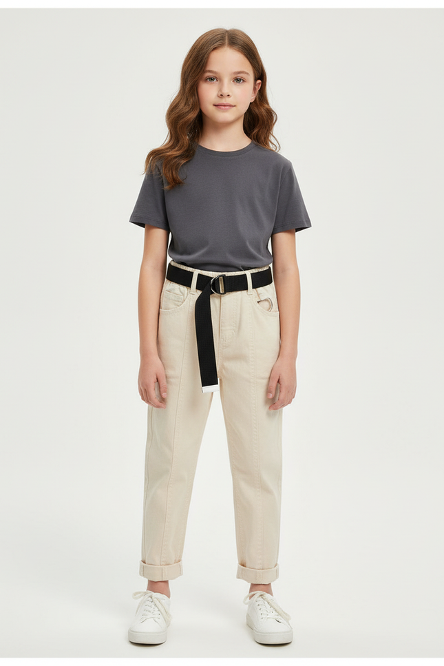 Pantalon Beige Coton Ceinture Noire Confortable Enfant