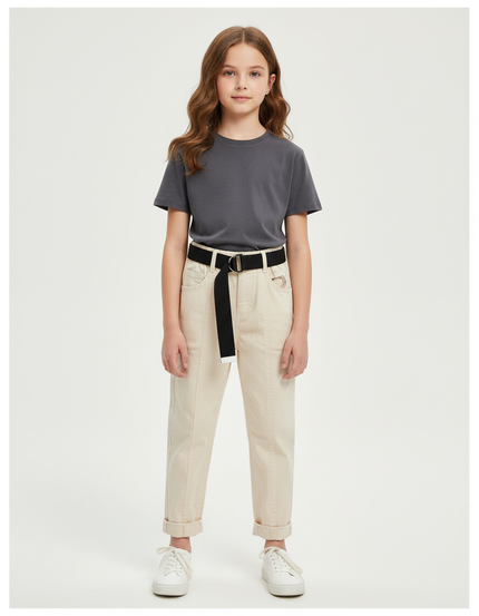 Pantalon Beige Coton Ceinture Noire Confortable Enfant