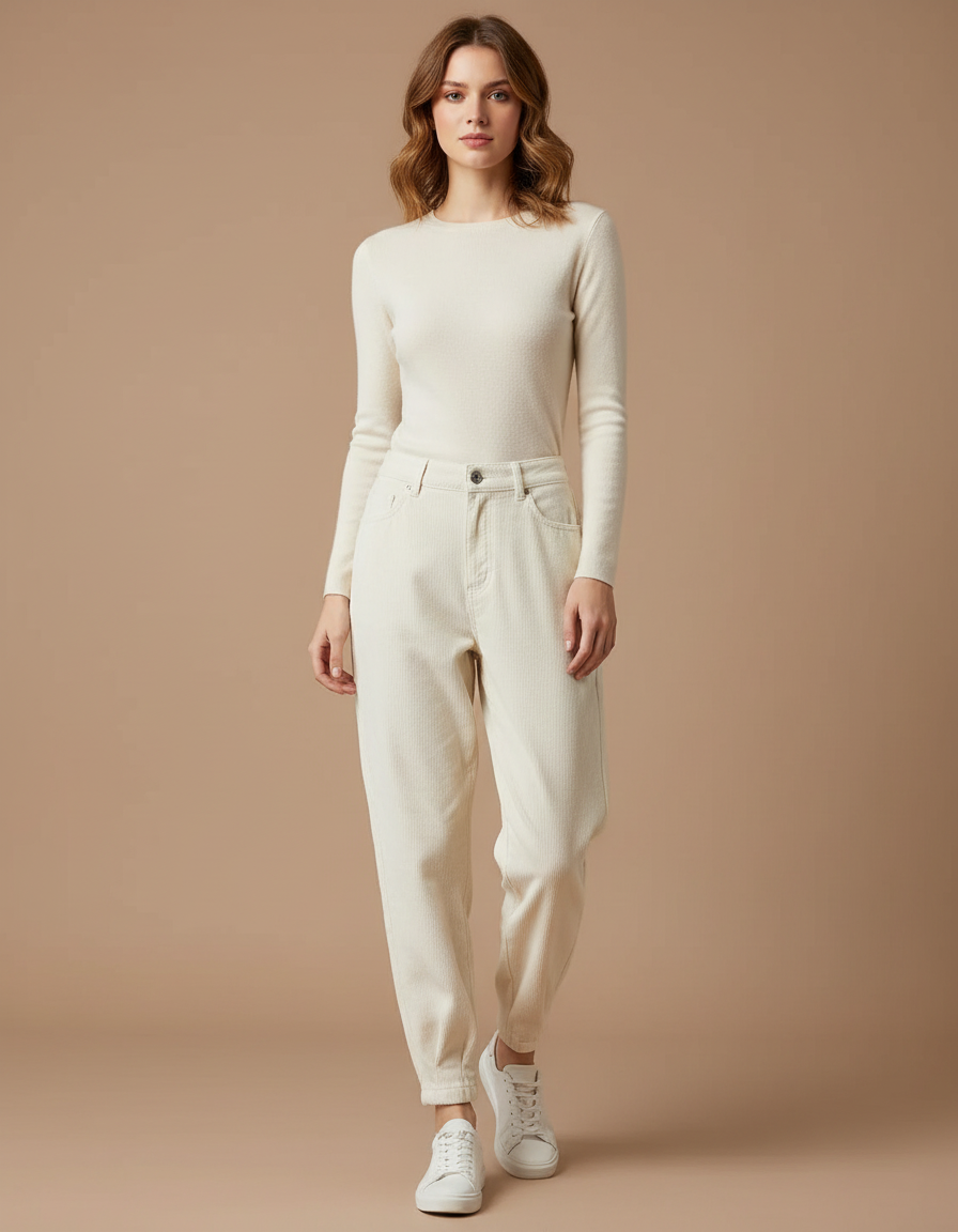 Pantalon Velours Femme Beige