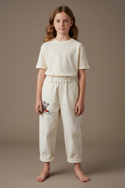 Pantalon Beige Coton Droit Mickey Enfant Décontracté
