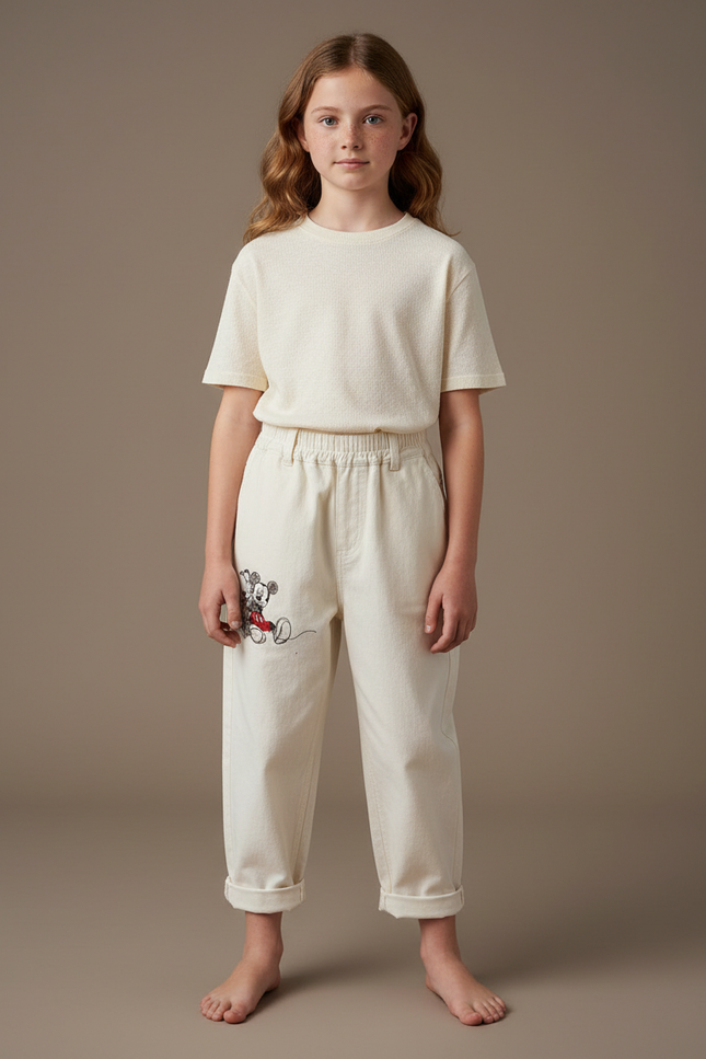 Pantalon Beige Coton Droit Mickey Enfant Décontracté