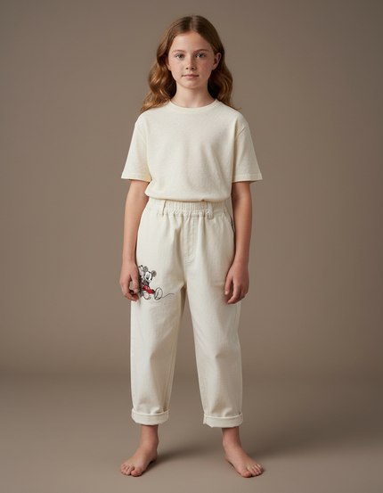 Pantalon Beige Coton Droit Mickey Enfant Décontracté
