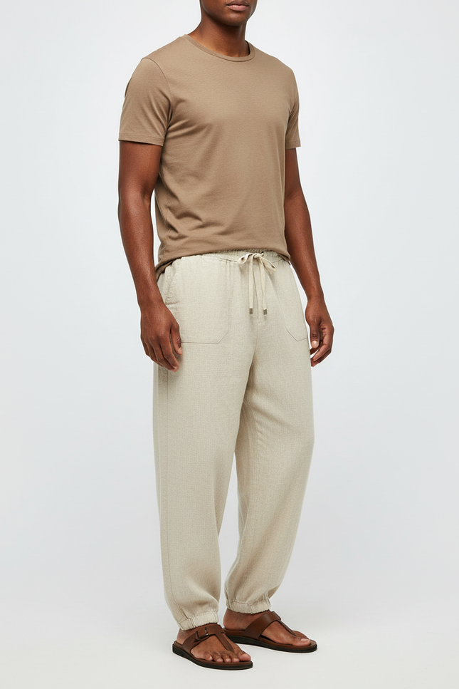 Pantalon Beige Ample Cordon Lin Homme Décontracté