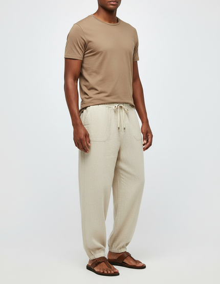 Pantalon Beige Ample Cordon Lin Homme Décontracté