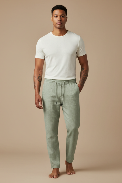 Pantalon Beige Lin Décontracté Ample Homme - Vert