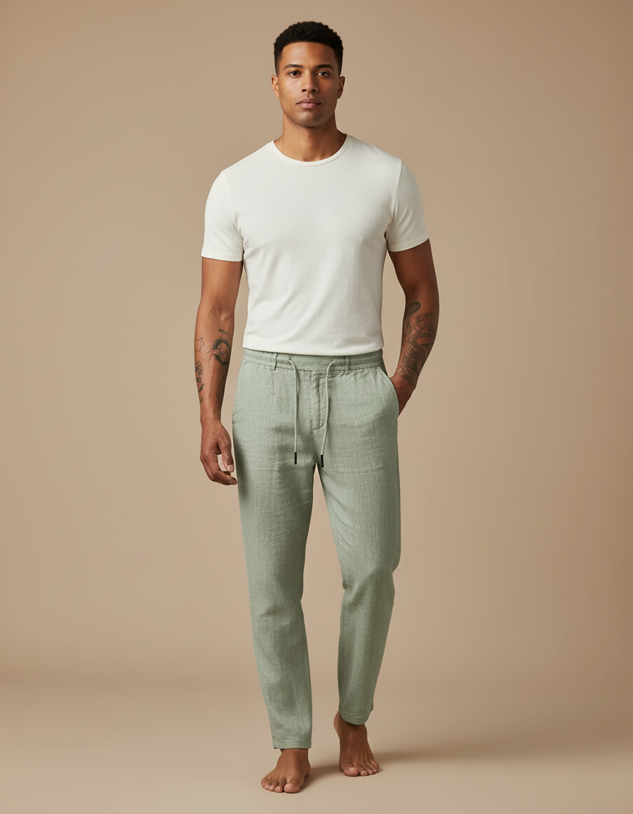 Pantalon Beige Lin Décontracté Ample Homme - Vert