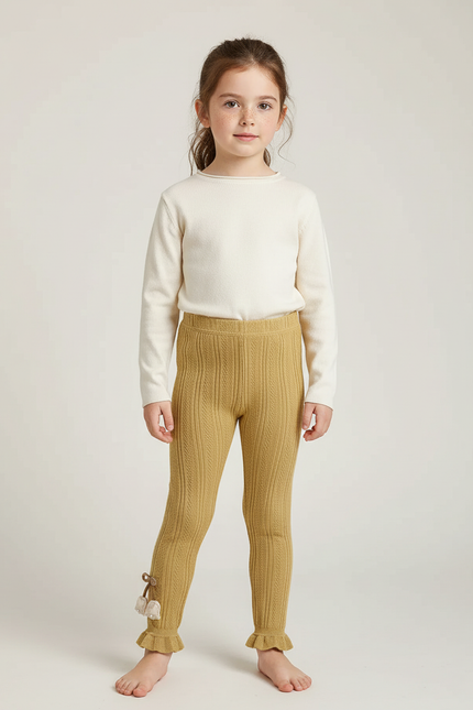 Pantalon Beige Côtelé Tulipes Volants Enfant Fille - Camel Maille