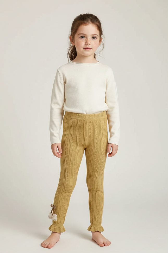 Pantalon Beige Côtelé Tulipes Volants Enfant Fille - Camel Maille