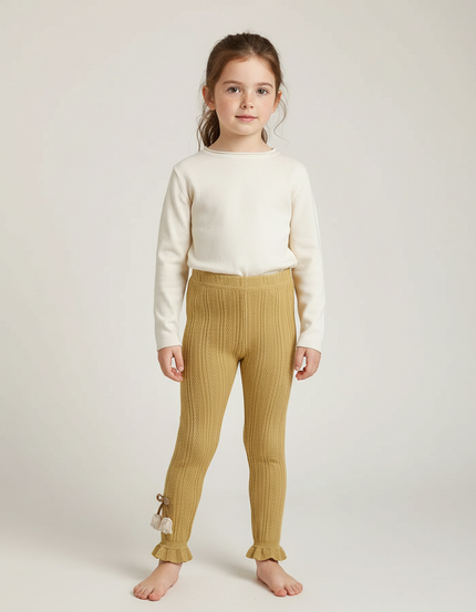Pantalon Beige Côtelé Tulipes Volants Enfant Fille - Camel Maille