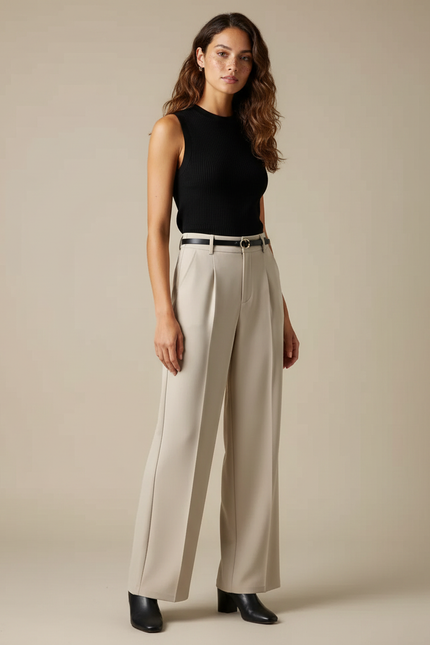 Pantalon Beige Taille Haute Ample Droit Élégant - Polyester