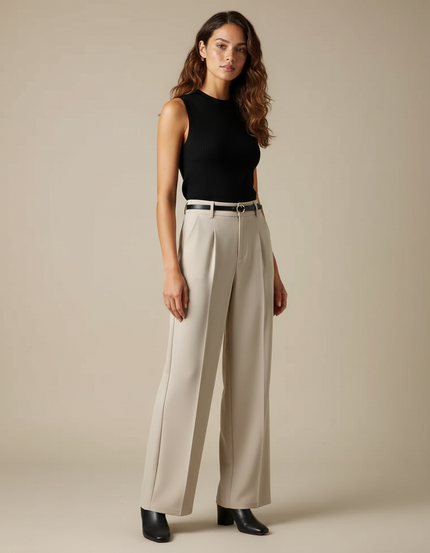 Pantalon Beige Taille Haute Ample Droit Élégant - Polyester