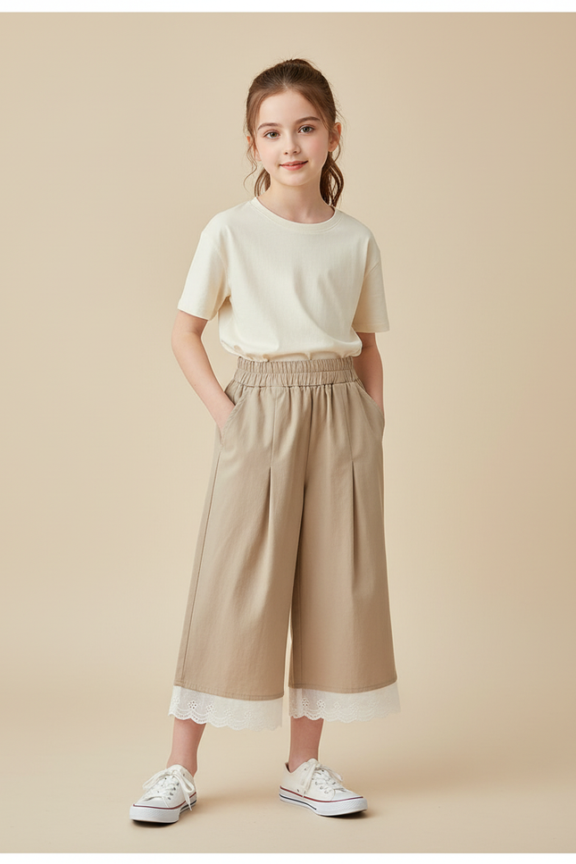 Pantalon Beige Fille Ample Plissé Dentelle Décontracté - Gabardine