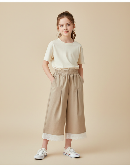 Pantalon Beige Fille Ample Plissé Dentelle Décontracté - Gabardine