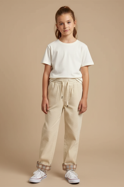 Pantalon Beige Côtelé Ample Décontracté Cordon Plaid - Cordé