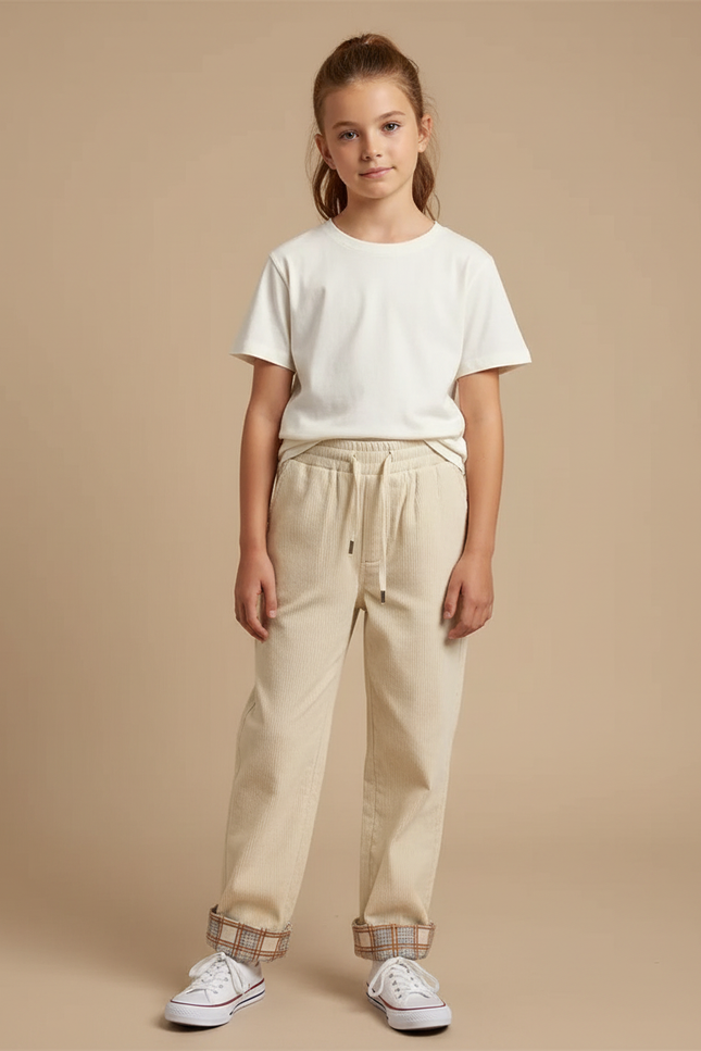 Pantalon Beige Côtelé Ample Décontracté Cordon Plaid - Cordé