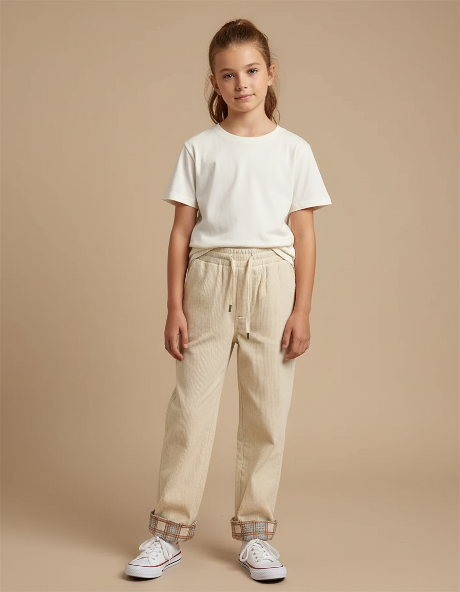 Pantalon Beige Côtelé Ample Décontracté Cordon Plaid - Cordé