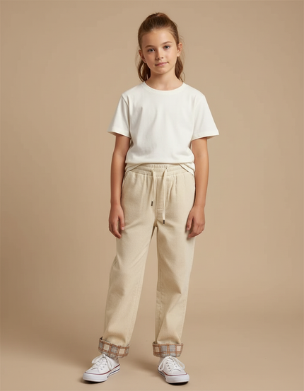Pantalon Beige Côtelé Ample Décontracté Cordon Plaid - Cordé