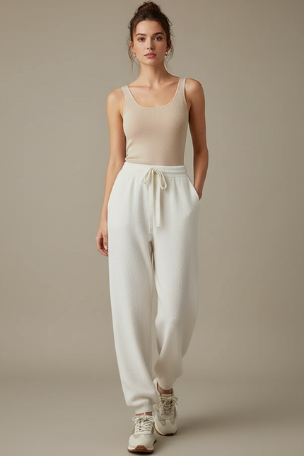 Pantalon Beige Laine Doux Confortable Jogging - Blanc