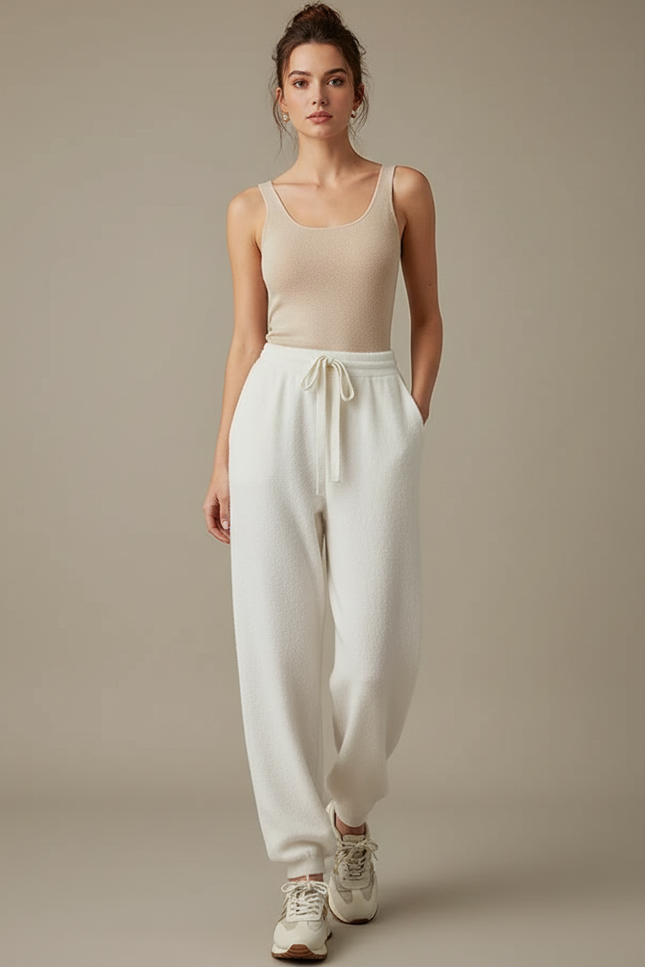 Pantalon Beige Laine Doux Confortable Jogging - Blanc