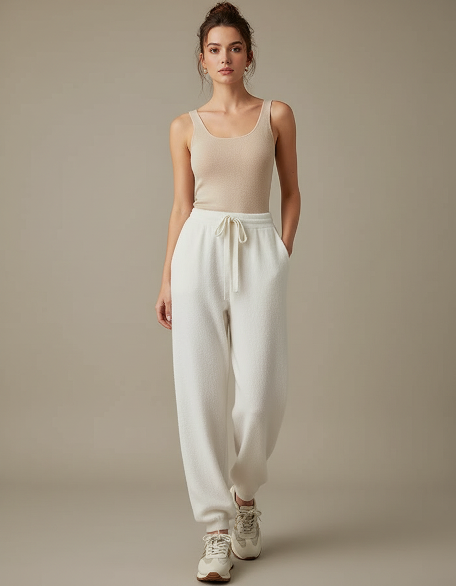 Pantalon Beige Laine Doux Confortable Jogging - Blanc
