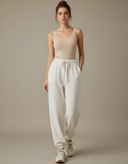 Pantalon Beige Laine Doux Confortable Jogging - Blanc