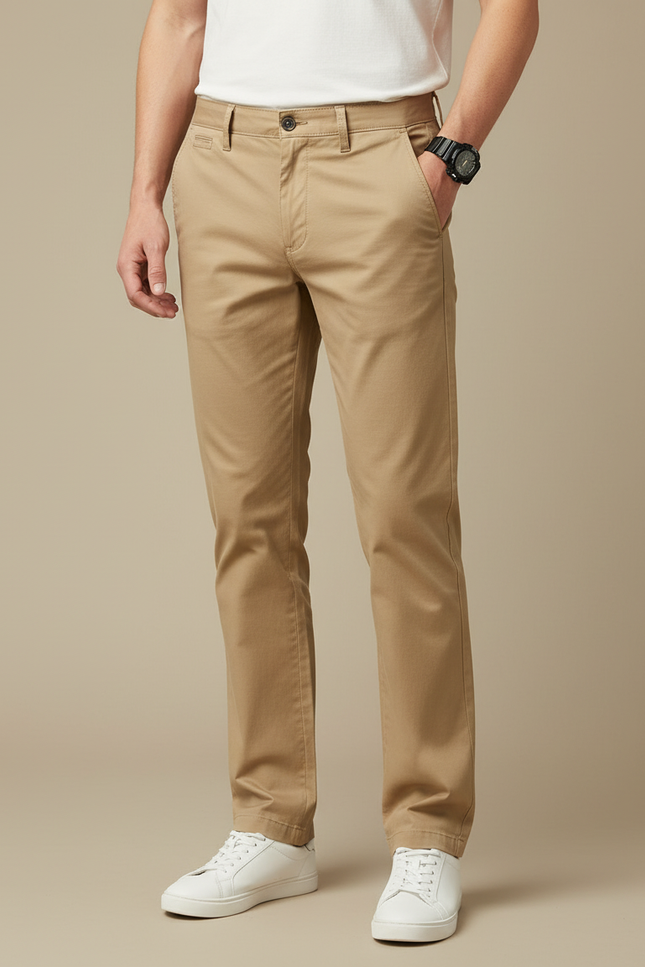 Pantalon Beige Homme Coton Droit Décontracté Élégant