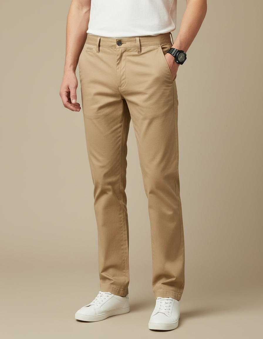 Pantalon Beige Homme Coton Droit Décontracté Élégant
