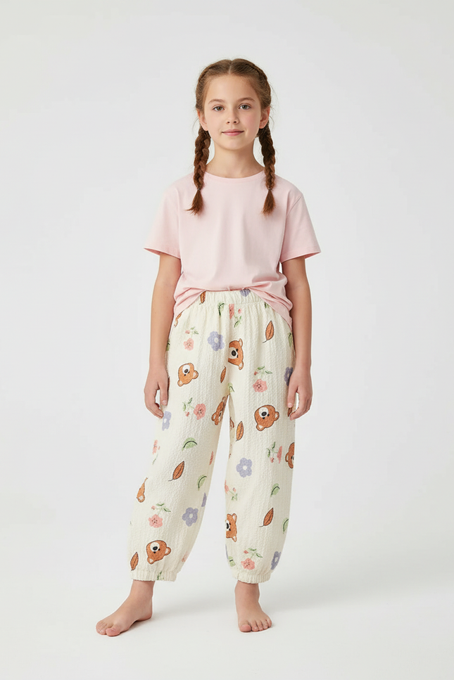 Pantalon Beige Ample Motif Ours Fleuri Léger - Coton
