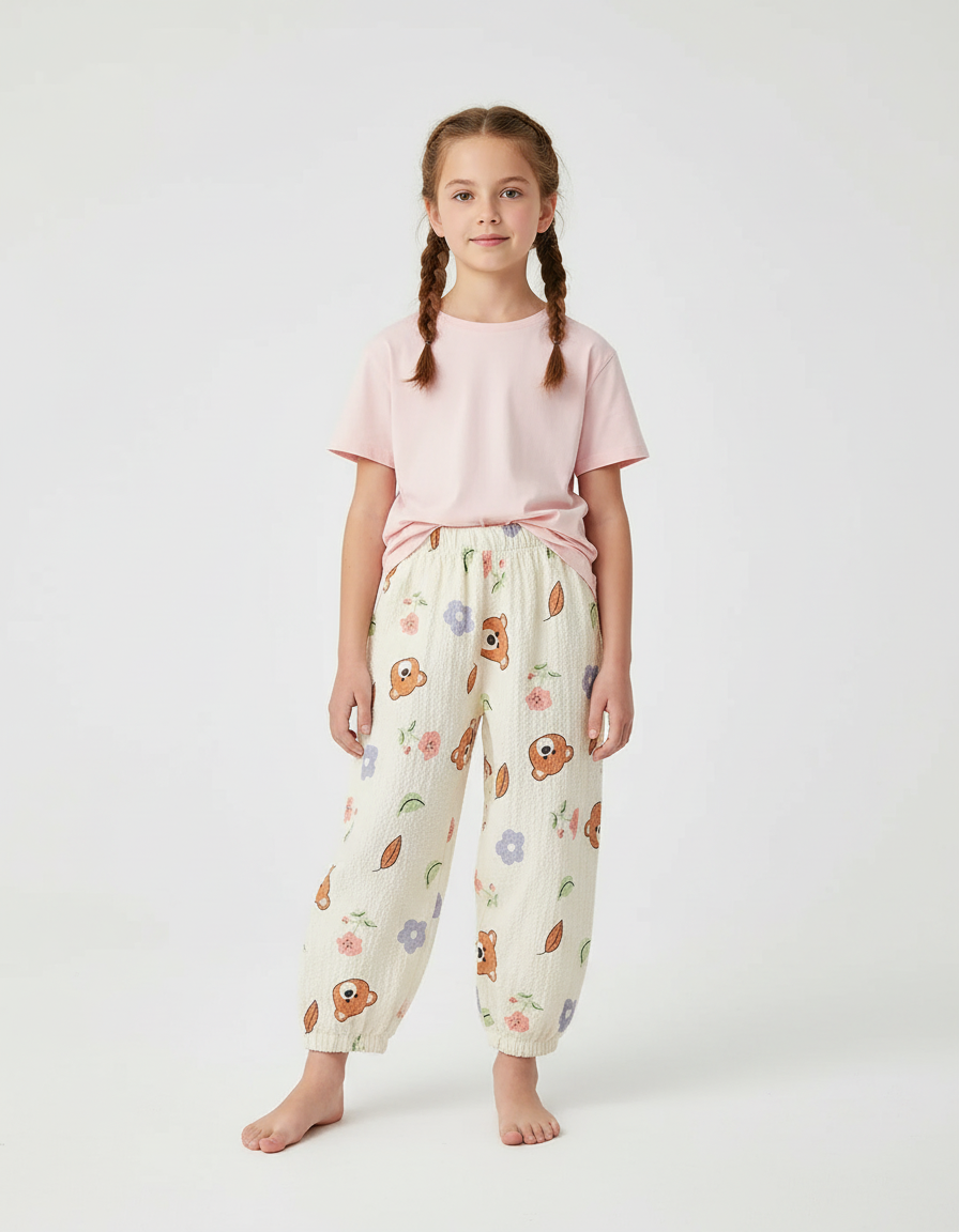 Pantalon Beige Ample Motif Ours Fleuri Léger - Coton