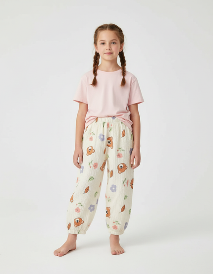 Pantalon Beige Ample Motif Ours Fleuri Léger - Coton