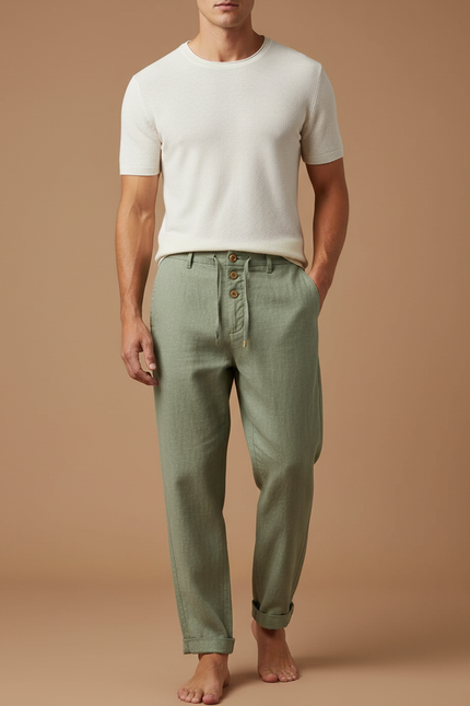 Pantalon Beige Lin Coton Décontracté Droit Homme - Vert