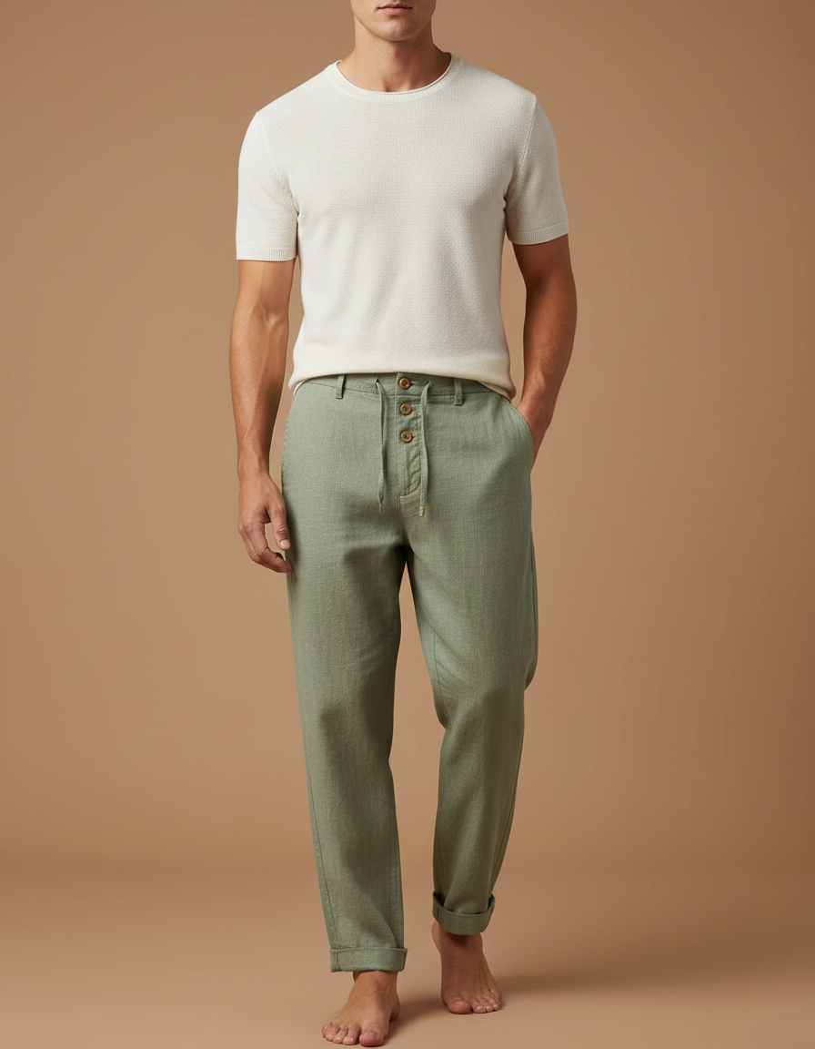 Pantalon Beige Lin Coton Décontracté Droit Homme - Vert
