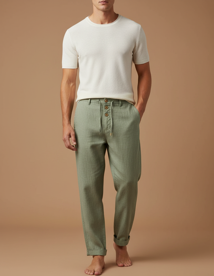 Pantalon Beige Lin Coton Décontracté Droit Homme - Vert
