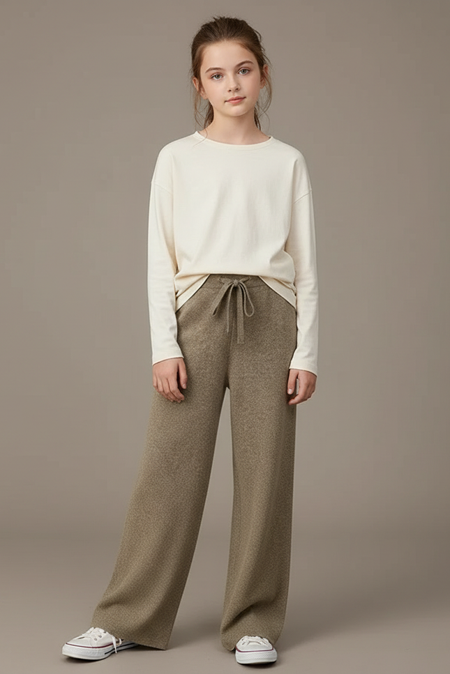 Pantalon Beige Ample Tricoté Laine Confortable - Kaki