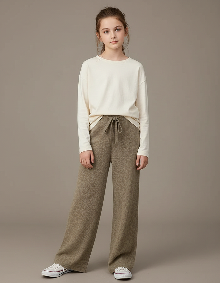 Pantalon Beige Ample Tricoté Laine Confortable - Kaki