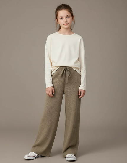 Pantalon Beige Ample Tricoté Laine Confortable - Kaki