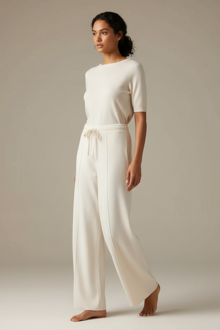 Pantalon Beige Tricoté Ample Laine Mérinos Décontracté - Maille