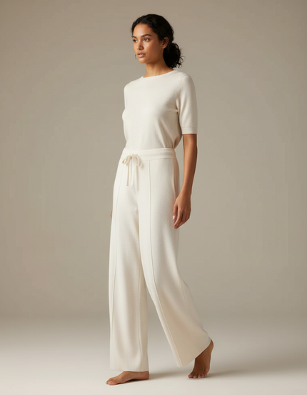 Pantalon Beige Tricoté Ample Laine Mérinos Décontracté - Maille
