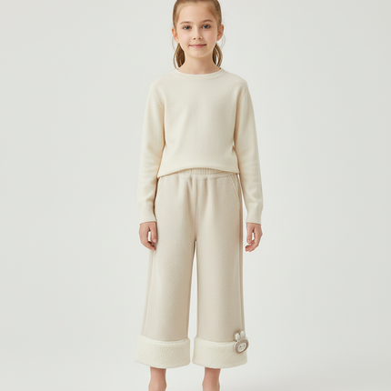 Pantalon Beige Côtelé Large Polaire Hiver Enfant - Maille