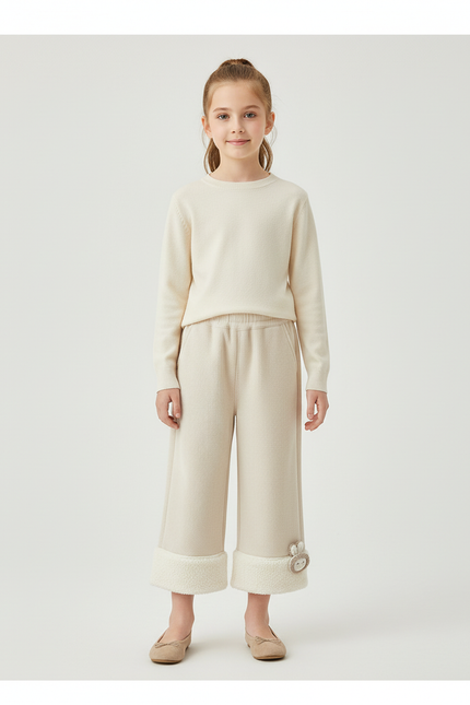 Pantalon Beige Côtelé Large Polaire Hiver Enfant - Maille