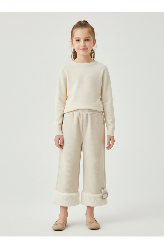 Pantalon Beige Côtelé Large Polaire Hiver Enfant - Maille